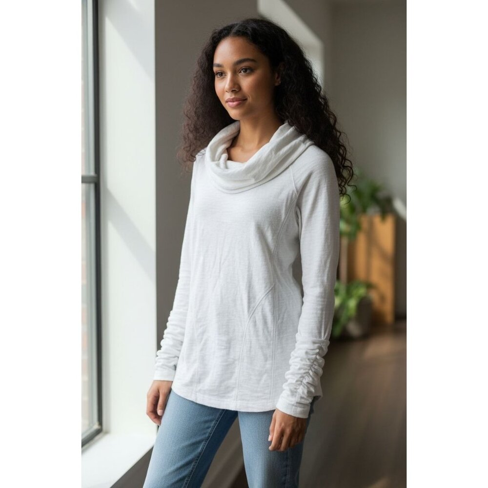 XCVI Women's Cowl Neck Hooded Sweatshirt Ruched White Ruched Sleeves